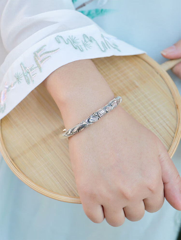 富贵牡丹 足银手镯女手工艺浮雕花纹999雪花足银民族风送妈妈礼物 70