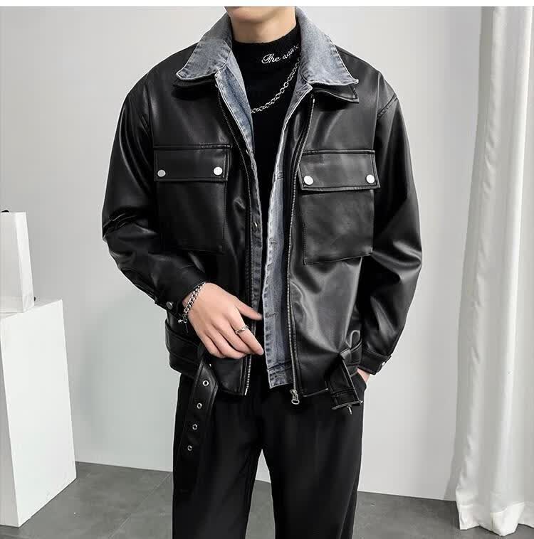 比琳姆牛仔拼接机车皮衣男春秋季2022新款宽松休闲假两件男士皮夹克