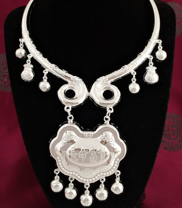 snqp_s银项圈银锁男女宝宝婴儿复古长命锁满月周岁银礼 53克活泼可爱