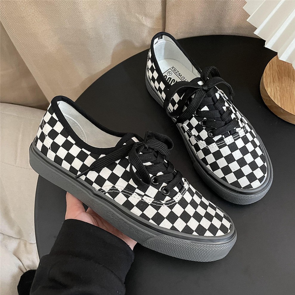 棋盘格鞋黑白棋盘格子帆布鞋女秋季低帮休闲板鞋韩版百搭情侣鞋子潮男