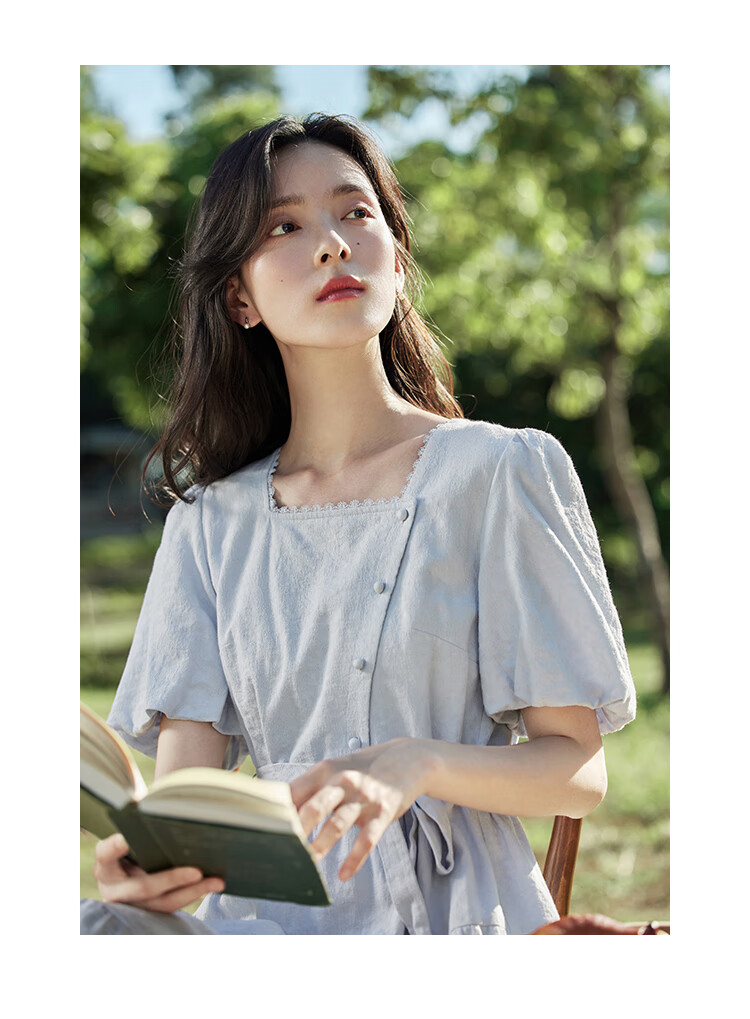 INMAN Summer French Waist-Cinching Jacquard Texture Women's Square Neck Dress, Artistic Style Puff Sleeve Dress, Blue, Size L 16