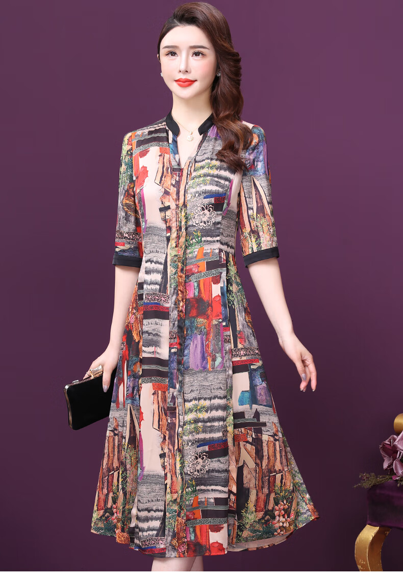 王小鸭连衣裙女2020年新款夏季冰丝雪纺宽松小立领度假大码a字裙 花色