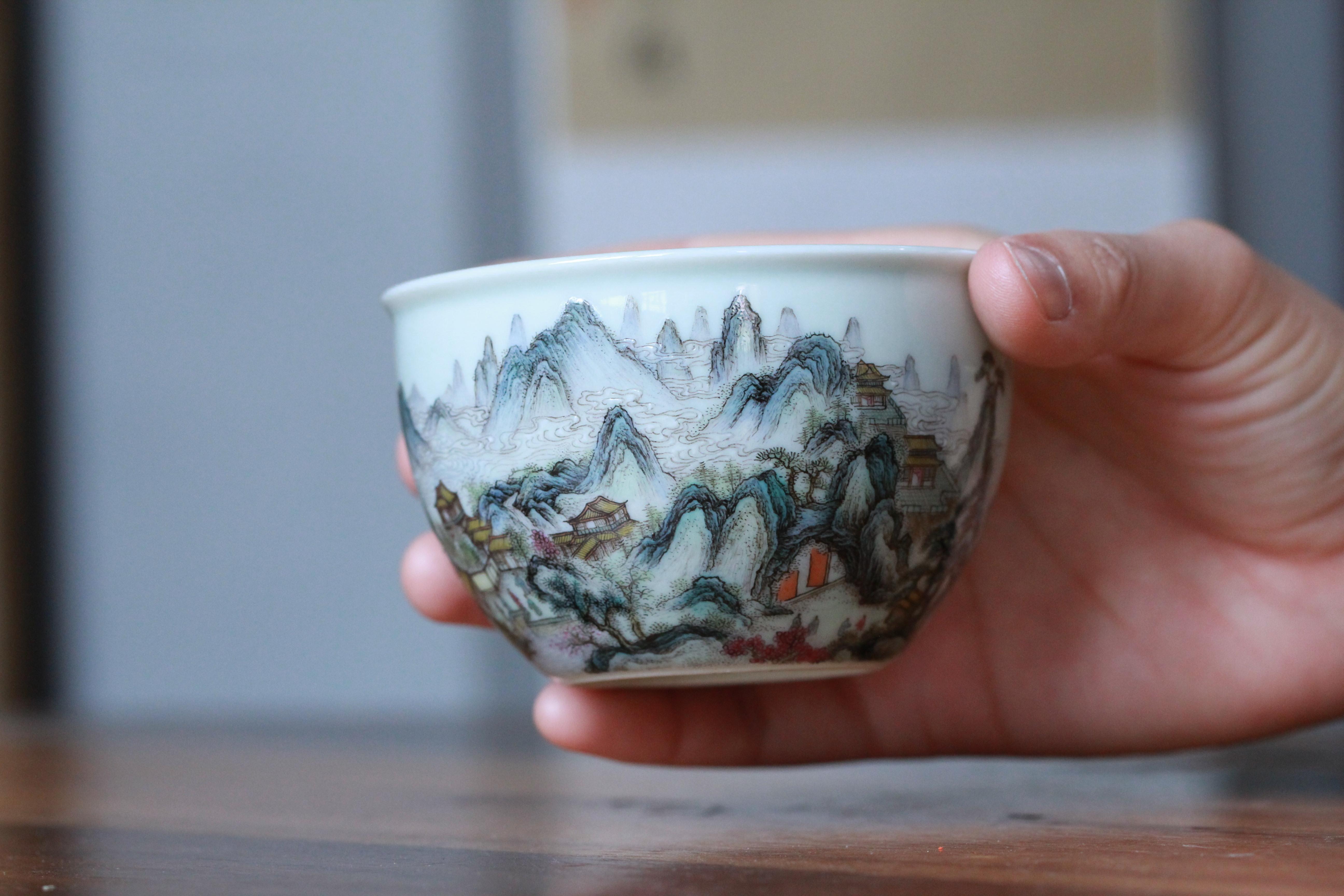 景德镇余寅窑手绘粉彩诗意山水缸杯主人杯品茗杯茶杯陶瓷功夫茶具自用