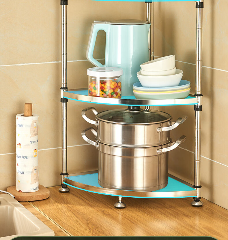 楠洛厨房置物架落地多层转角多功能放锅架子厨房用品不锈钢三角收纳架