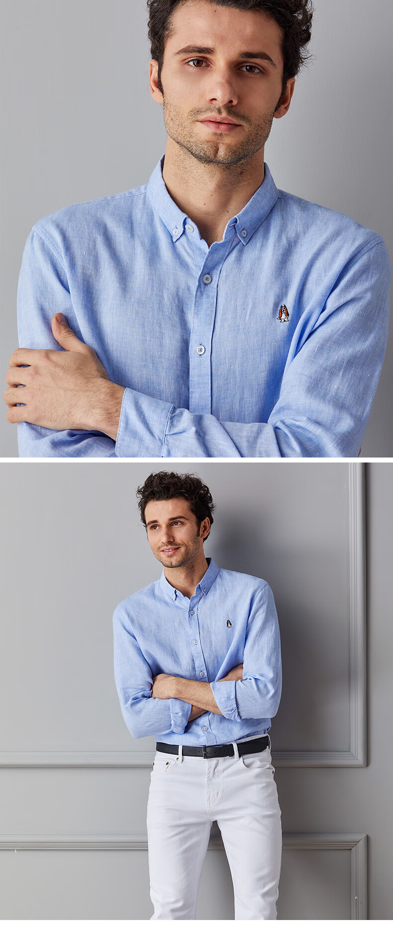 hush puppies暇步士男装春季全麻立领休闲长袖男士衬衫pa-28130z 深蓝