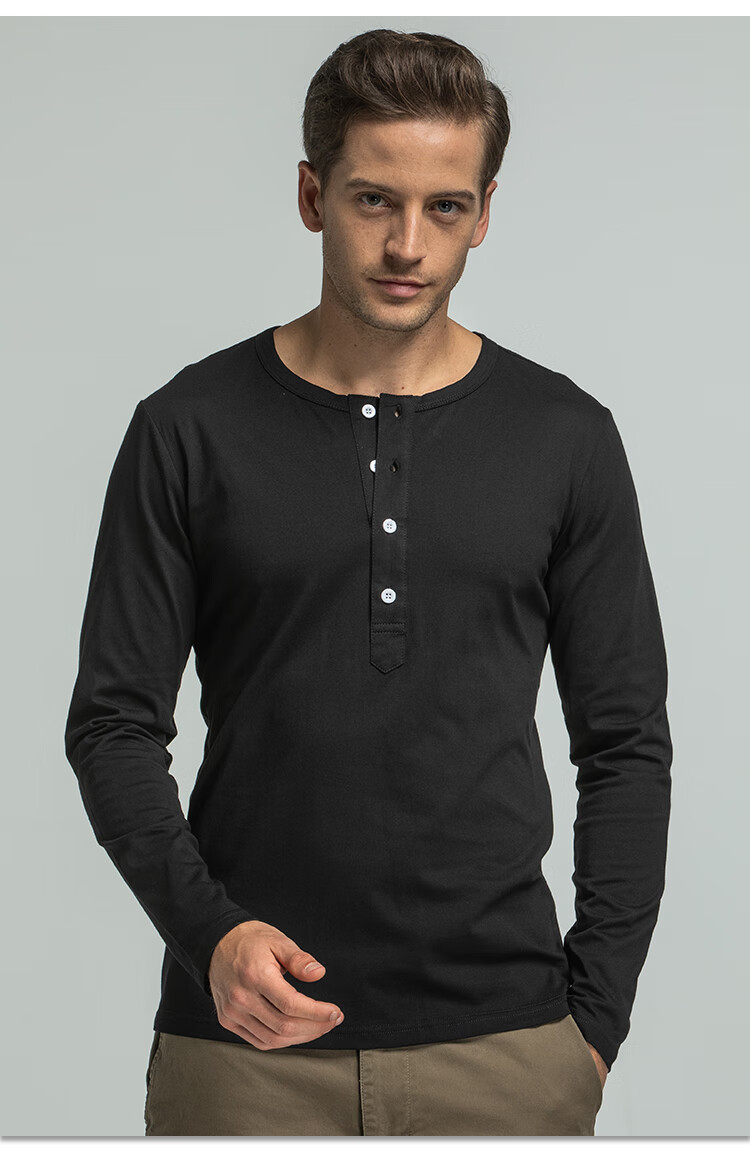 xja德国顶级设计师品牌美式亨利衫长袖恤男享利领大码硬汉领健身打底