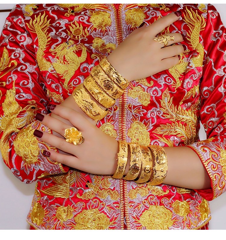 三金镀沙金嫁娶新娘结婚龙凤手镯婚嫁三金首饰套装仿真假镯子陪嫁桔皇
