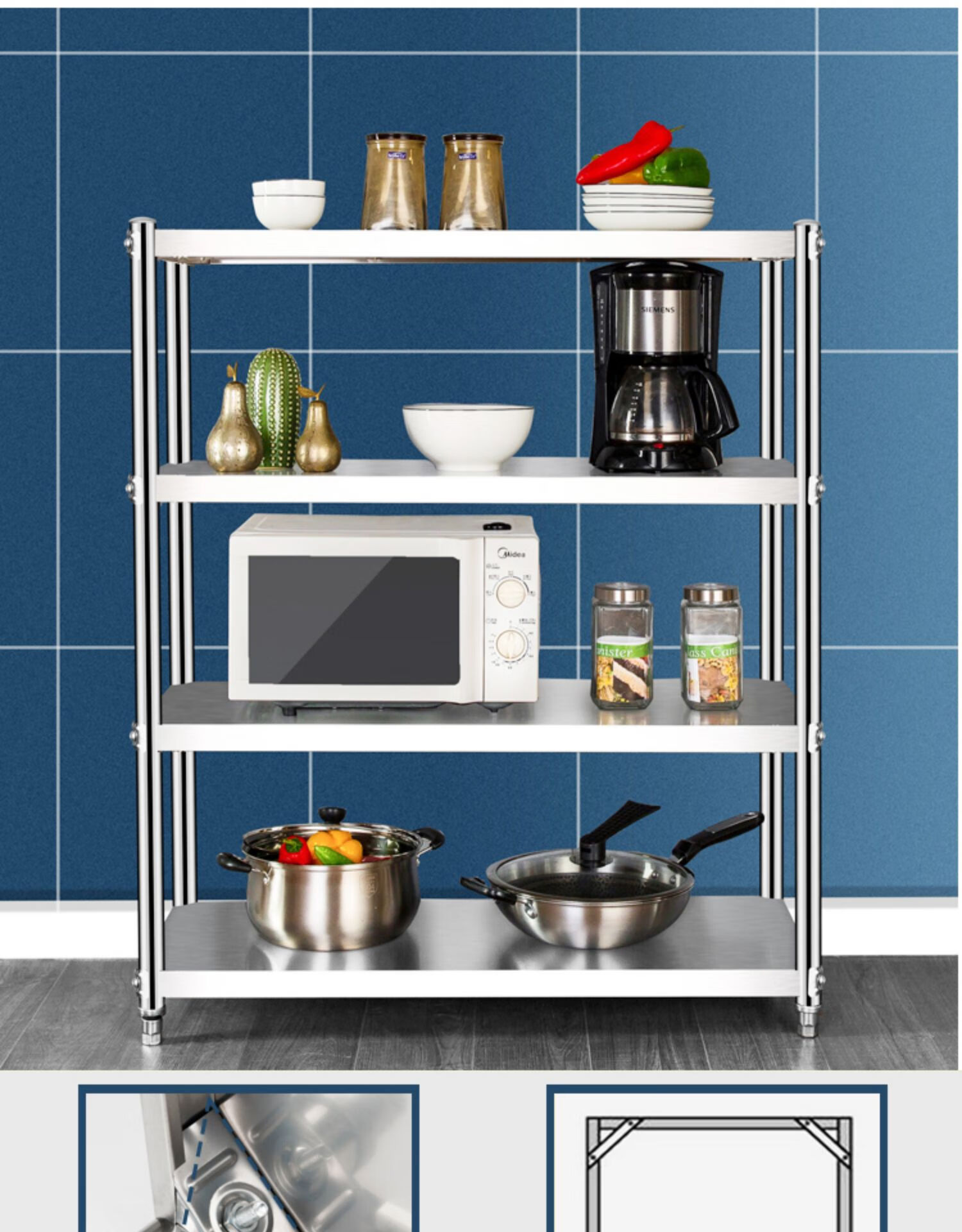 虎先生 4层置物架落地多层不锈钢货架厨房用品家用大全3收纳微波炉锅