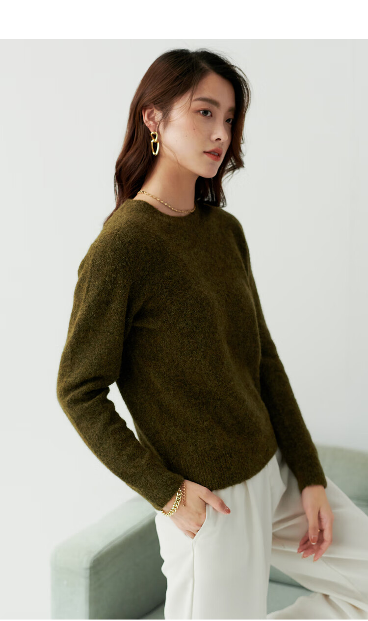 【泡芙毛衣】初棉亲肤细腻羊毛羊驼毛橄榄绿毛衣女圆领美搭毛衫秋