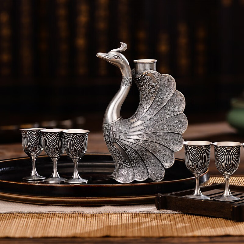 泰光银楼银酒壶999银酒杯实用银酒具孔雀开屏商务银礼一壶六杯套装银