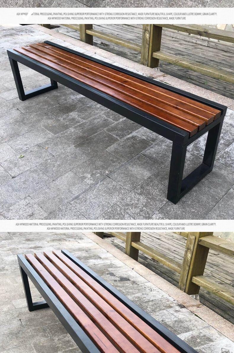 公园椅户外长椅庭院防腐木室外长条凳排椅商场健身房休息长椅实木黑框