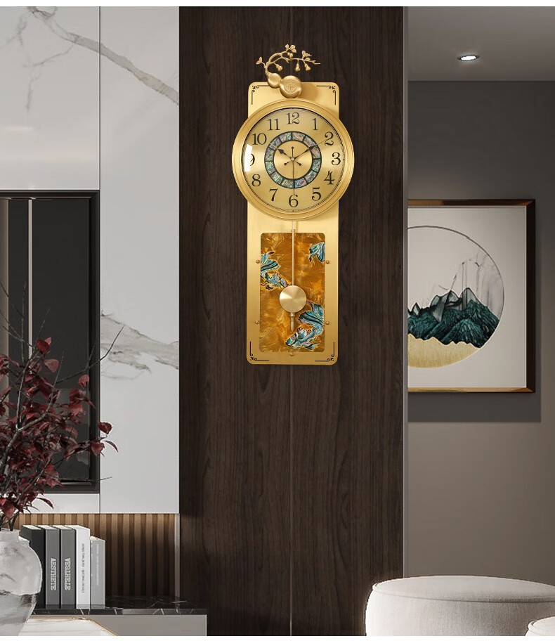 黎鸿 新中式黄铜轻奢挂钟创意大气中国风珐琅彩装饰挂墙时钟艺术家用