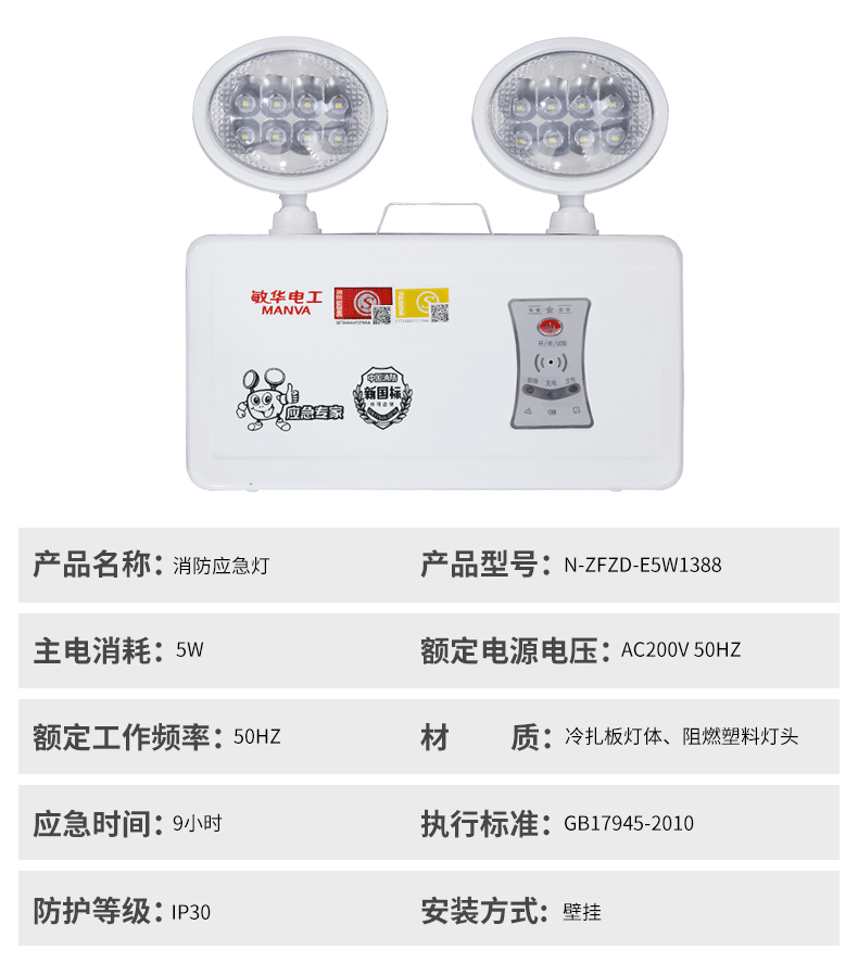 敏华led双头应急照明灯商用疏散安全出口灯壁挂指示灯 m-zfzd-e5w3004