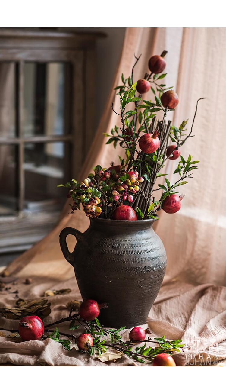 掬涵 仿真石榴果树枝 插花假花客厅摆设装饰绢花仿真花假石榴摆件 柱