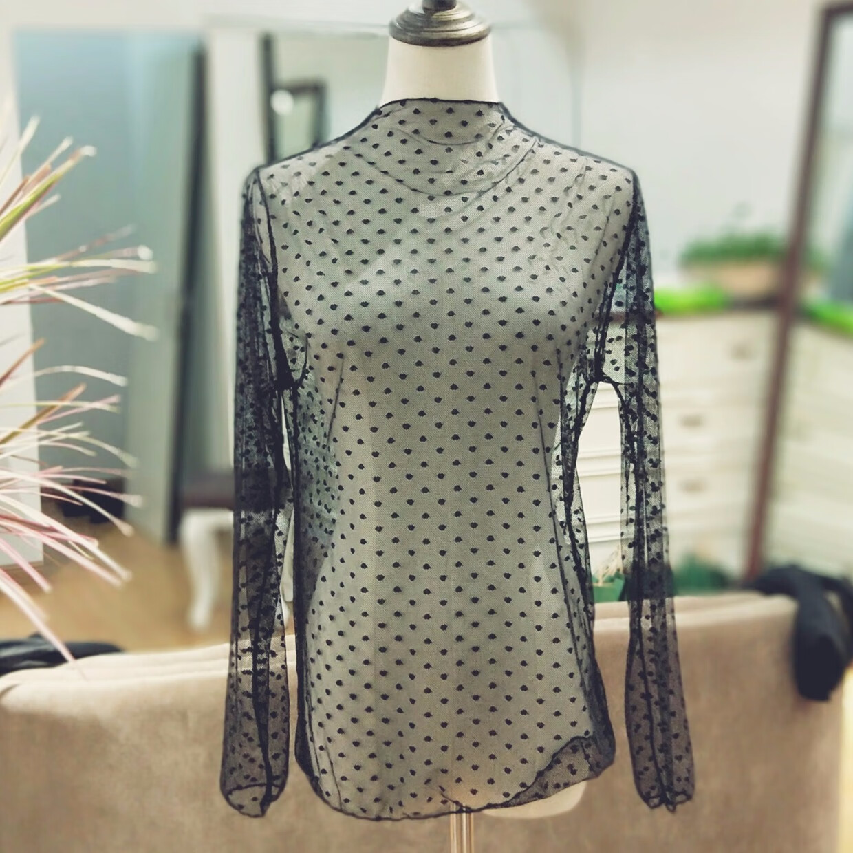 丫击击网纱衣黑色渔网内搭蕾丝长袖上衣透明镂空高领纱网打底衫女装