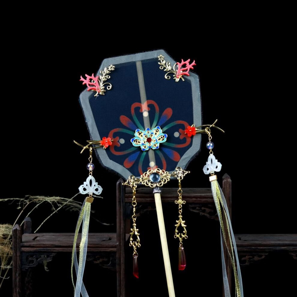 同款团扇汉服古装长柄流苏长柄刺绣飘带宫扇古风饰品复古团扇宫廷舞蹈