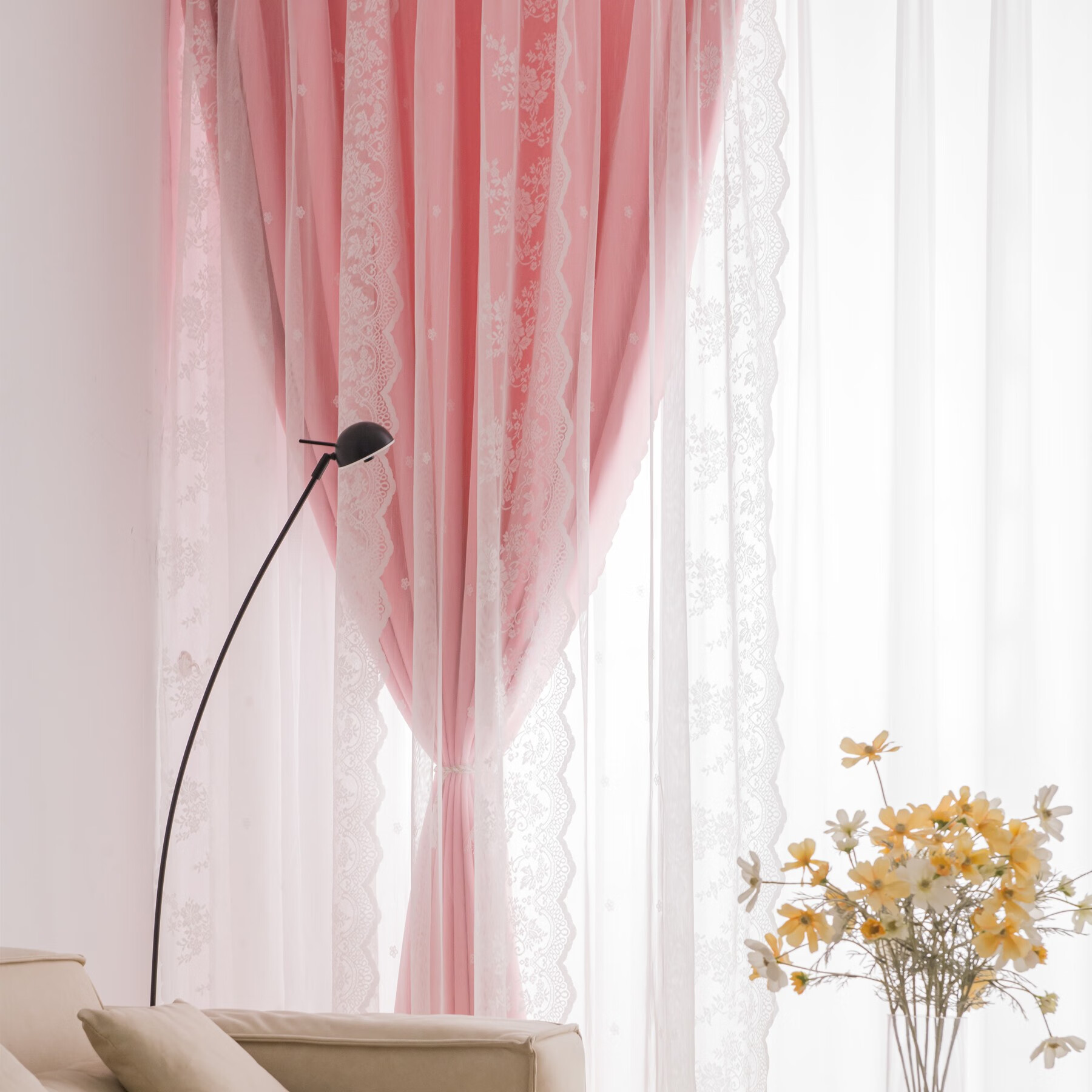 风卧室客厅飘窗仙气窗帘绿色高精密蕾丝纱遮光率9035米宽27高一片打孔