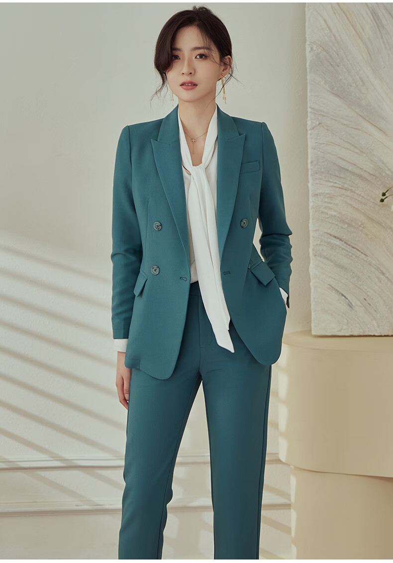 roeyshouse罗衣孔雀绿职业套装女2022春夏新款西装外套直筒裤ol两件套