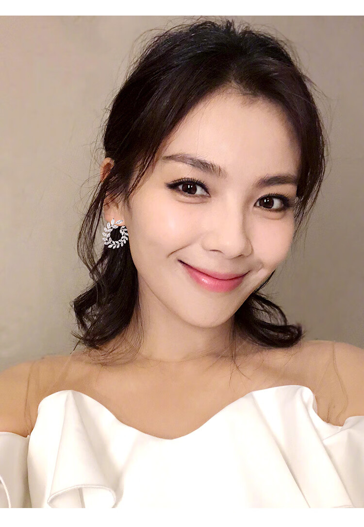 oeing耳钉女s925银针满钻微镶叶子橄榄枝耳环气质耳饰耳环紫色