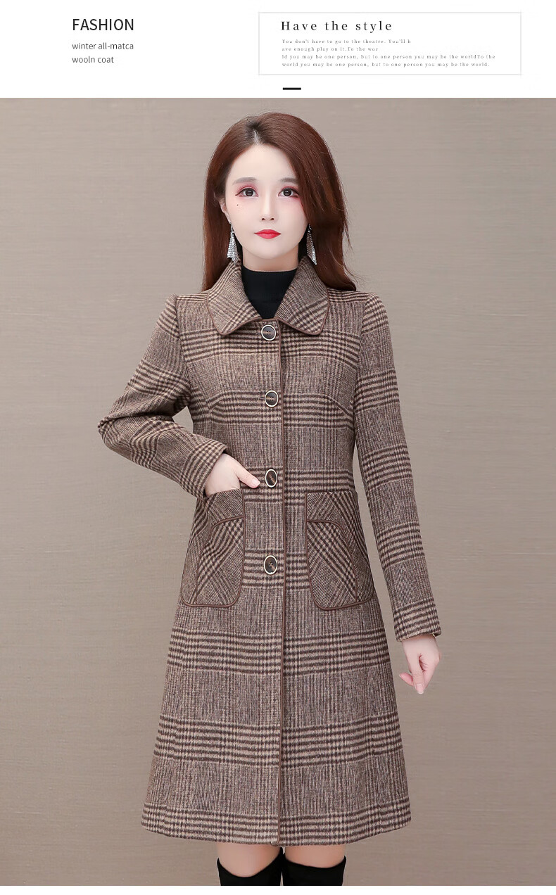 呢子风衣外套女2021秋冬款洋气妈妈中年女装中长款格子呢大衣818咖格m