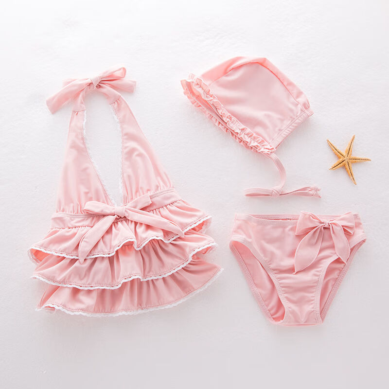 恩瑶 女童比基尼分体泳衣女孩韩版可爱中小童沙滩温泉衣带帽三件套