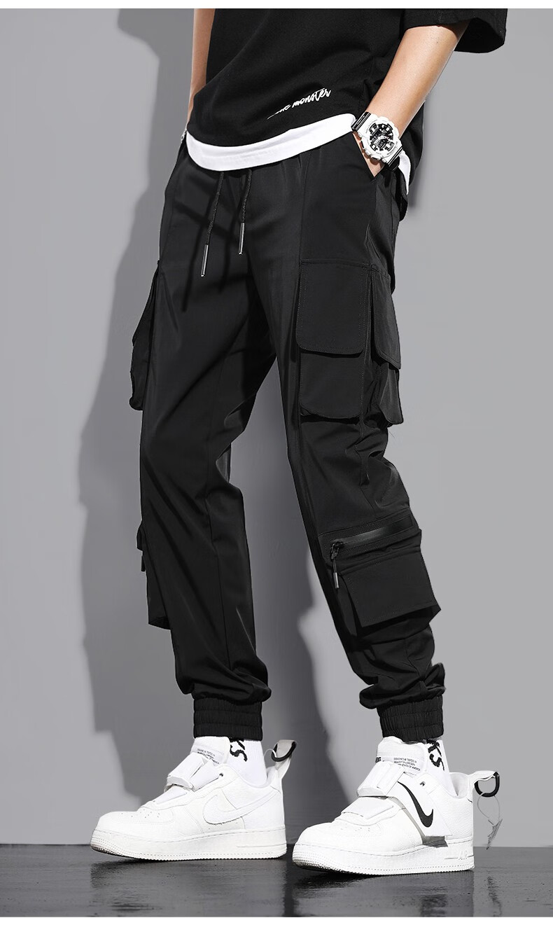 古克工装裤男夏季薄款潮牌束脚宽松机能余文乐休闲学生ins裤子潮 黑色