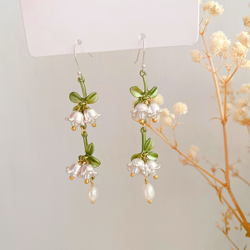 复古法式铃兰花君影草珍珠925银针耳环耳坠无耳洞耳夹女短款耳夹