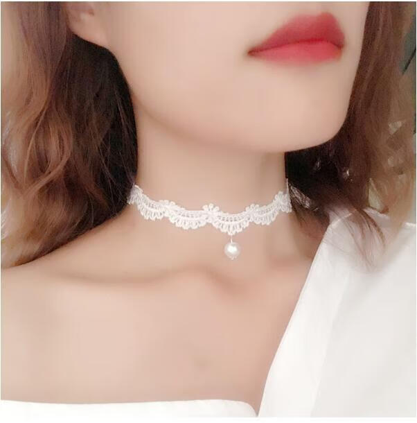 新娘白色项链蕾丝锁骨链伴娘结婚珍珠配饰圣诞节礼物颈带脖链女 559