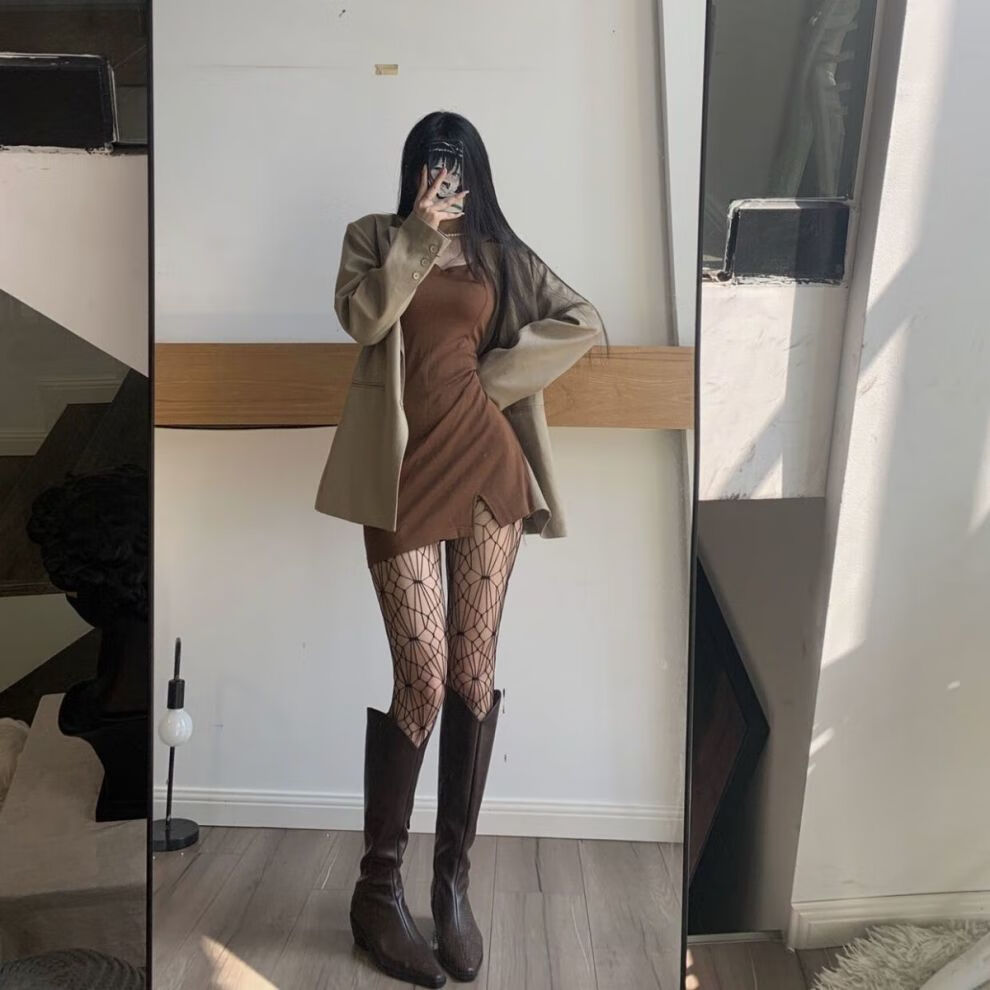 蜘蛛网袜黑丝吊带开档丝袜女性感渔网辣妹打底网格袜显瘦嘉轻蛛网黑色