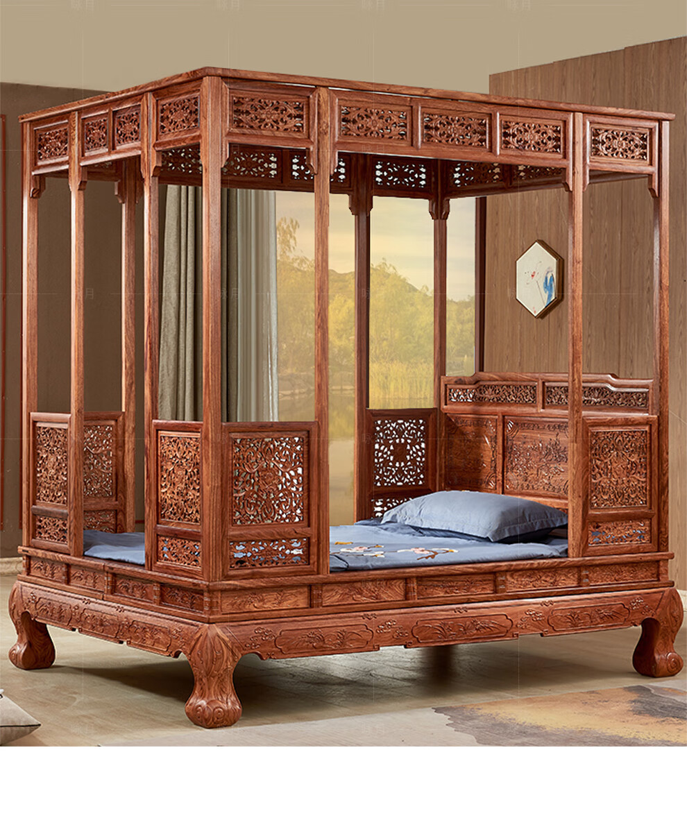 咏月红木家具非洲花梨学名刺猬紫檀实木床婚床双人床喜楹架子床1820米