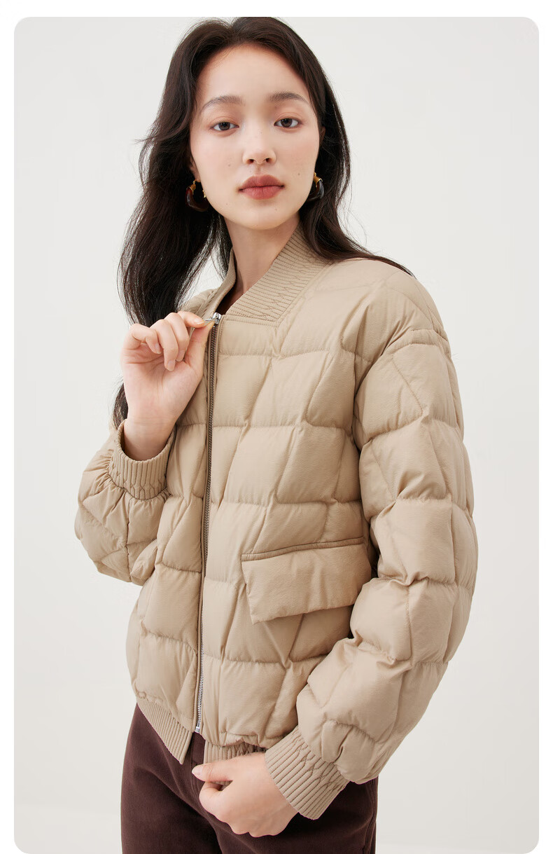 伊芙丽羽绒服女2022秋冬新款卡其色鸭绒短款羽绒外套 浅卡其 165/88a