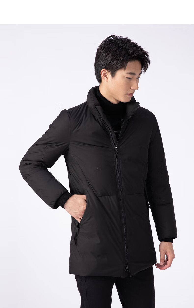 利郎羽绒服男中长款立领简约商务男士冬装外套白鸭绒保暖 黑色(20drf