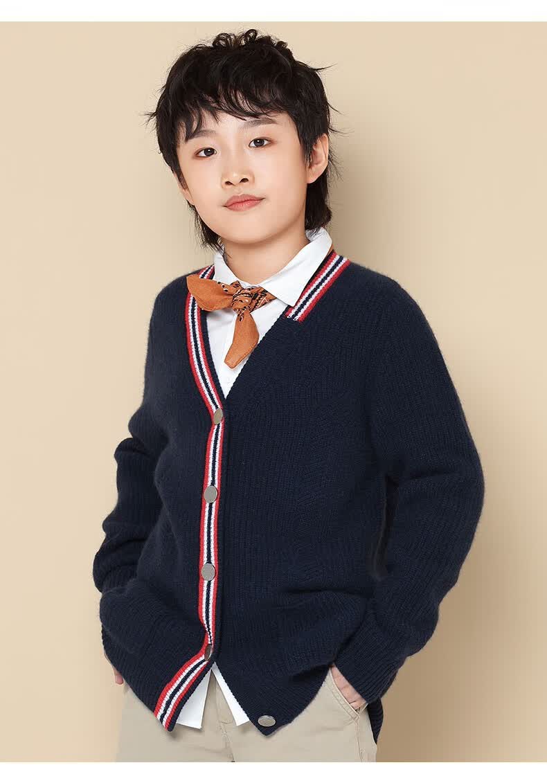 皮皮狗秋冬新品v领学院风童开衫儿童毛衣外套508藏青色140