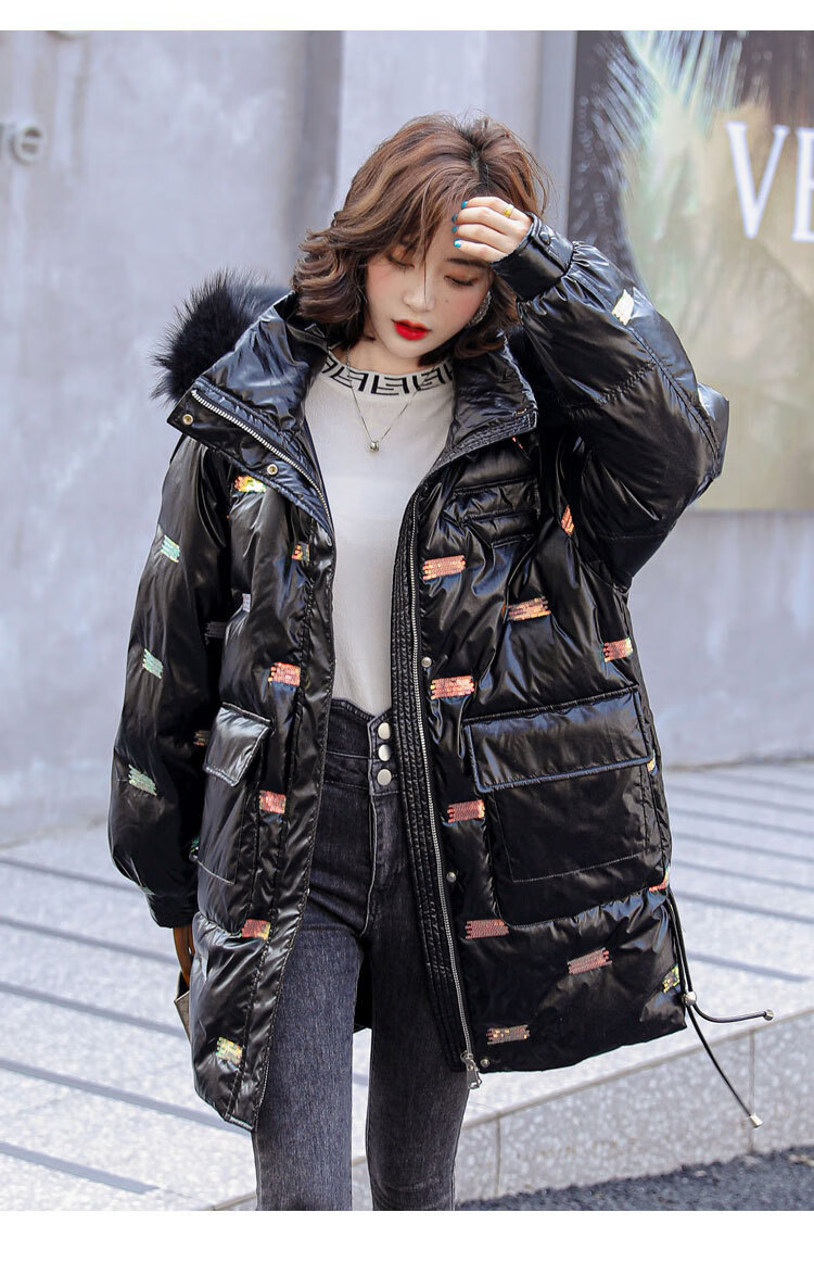 萌阅 免洗羽绒服女亮片200斤韩版加厚宽松亮片时尚潮 黑色(黑色真貉子