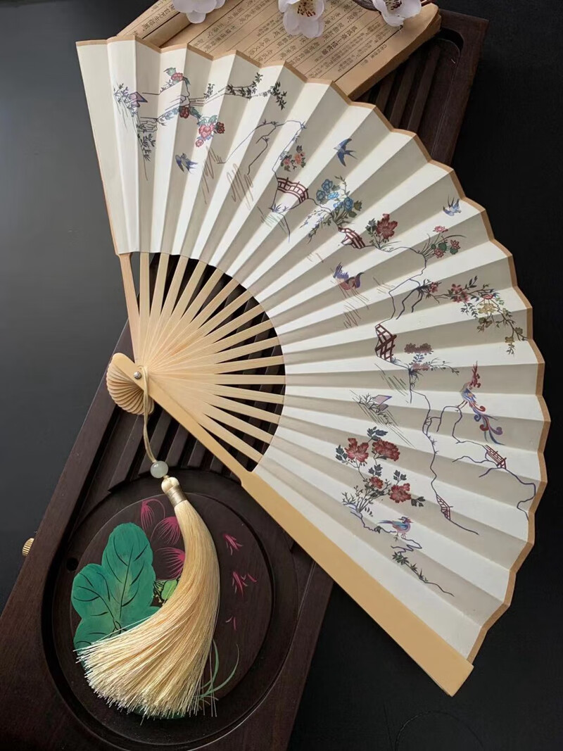 京固折扇古风男女宣纸原创孔府花鸟裙图案花鸟折扇子宣纸双面复古风