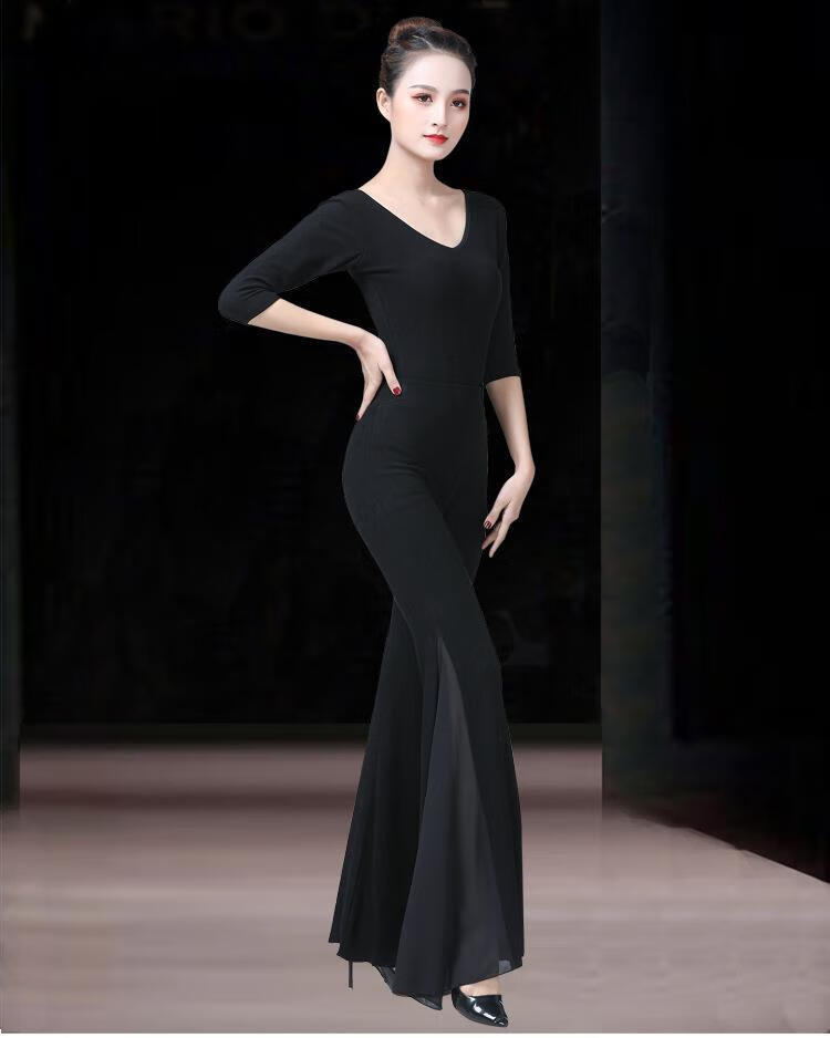 形体训练服装女连体套装优雅仪态修身名媛走秀舞蹈分体黑色中袖上衣微