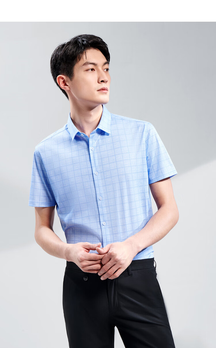 hla海澜之家时尚格纹针织衬衫舒适透气丝光棉质短衬男hndcd2q004a