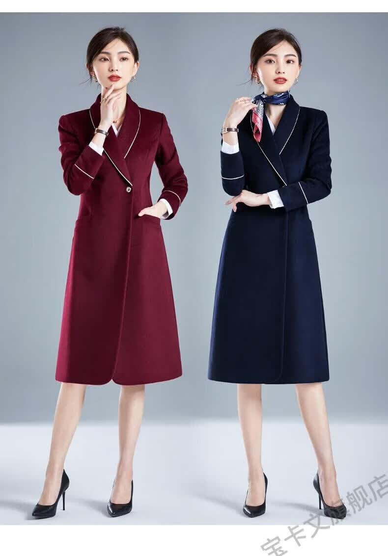 高铁乘务员空姐售楼部前台工装大衣女冬长款羊毛呢外套气质职业珠宝店