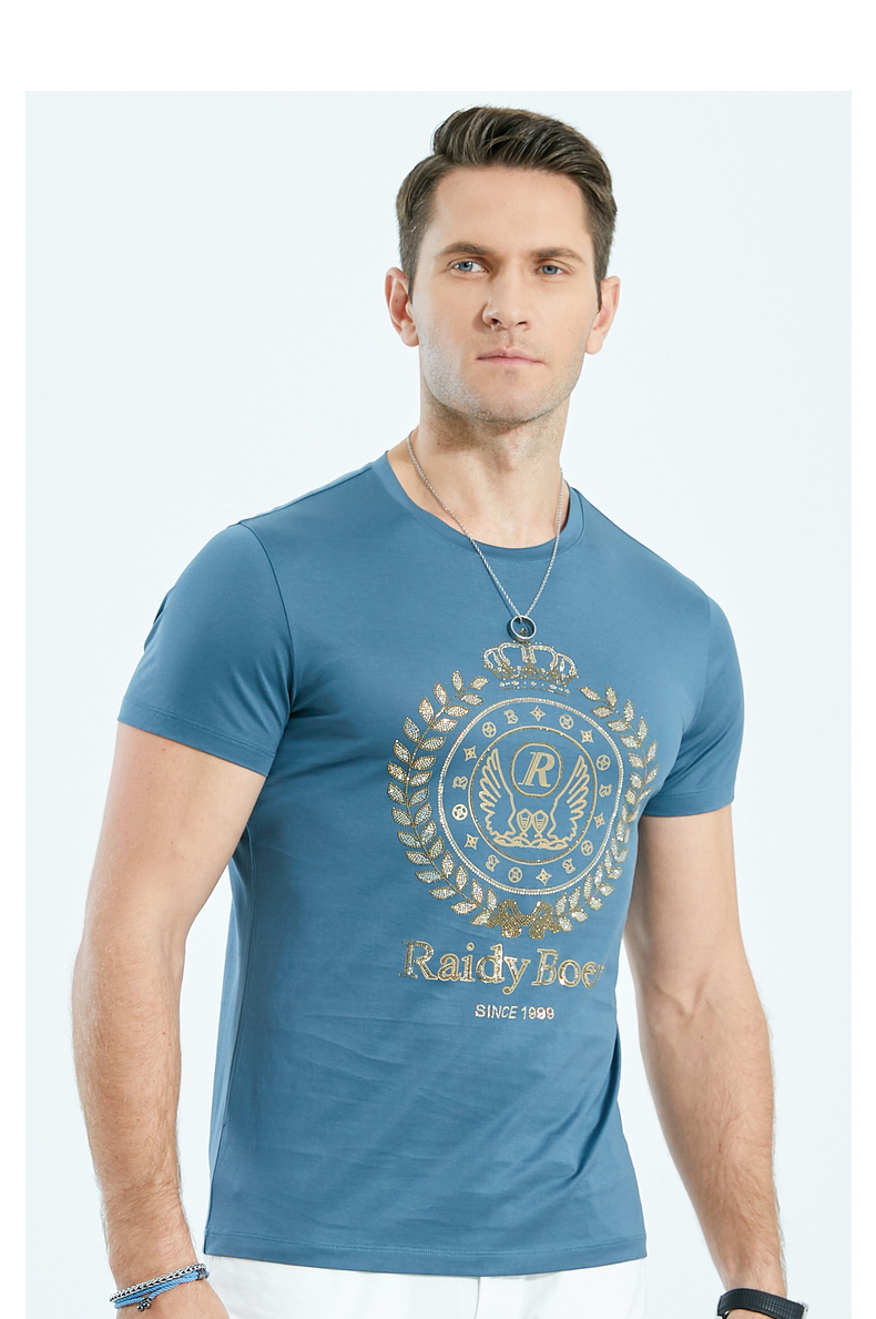 raidyboer雷迪波尔春夏新款男士时尚棉混纺烫钻圆领短袖t恤7211灰绿