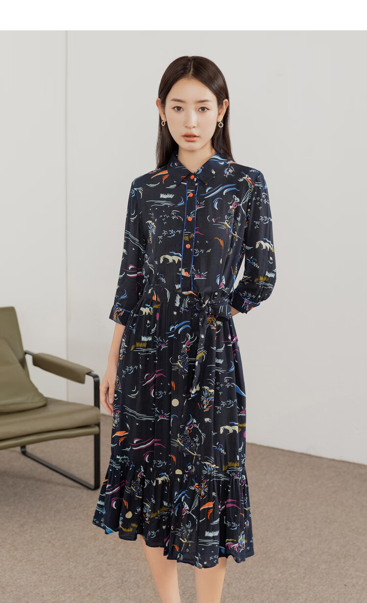 熙然(xiran)2022秋季新款收腰翻领衬衫裙连衣裙女腰带七分袖裙子 夜空