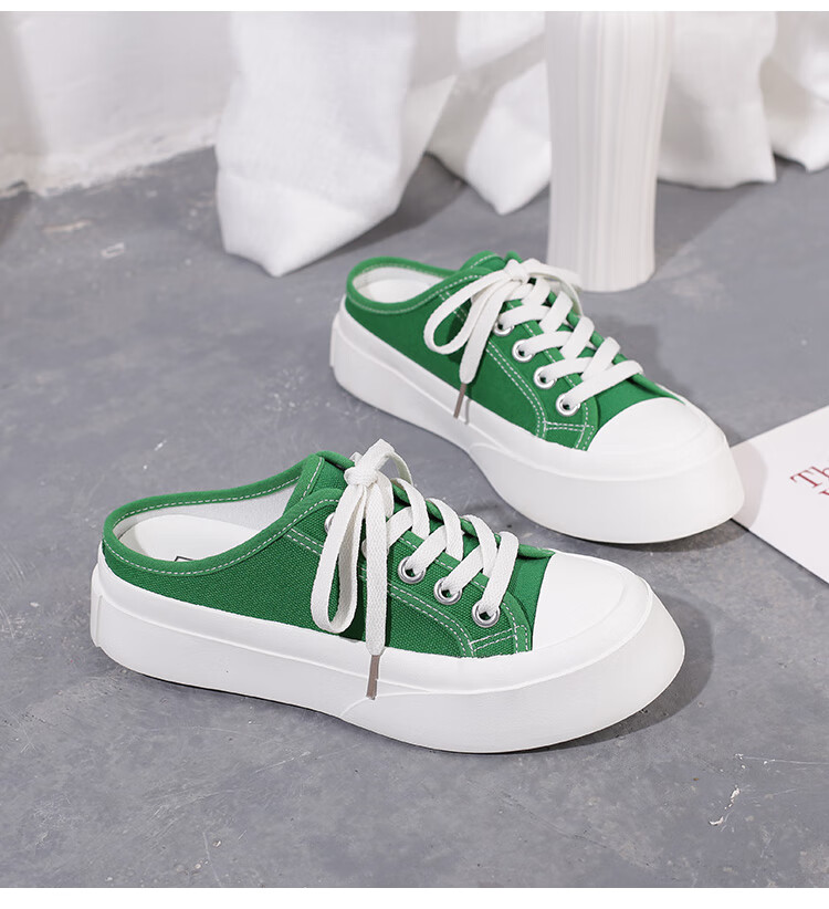 60透气运动休闲鞋女无后跟帆布鞋女半拖薄款厚底鞋子女ins潮百搭