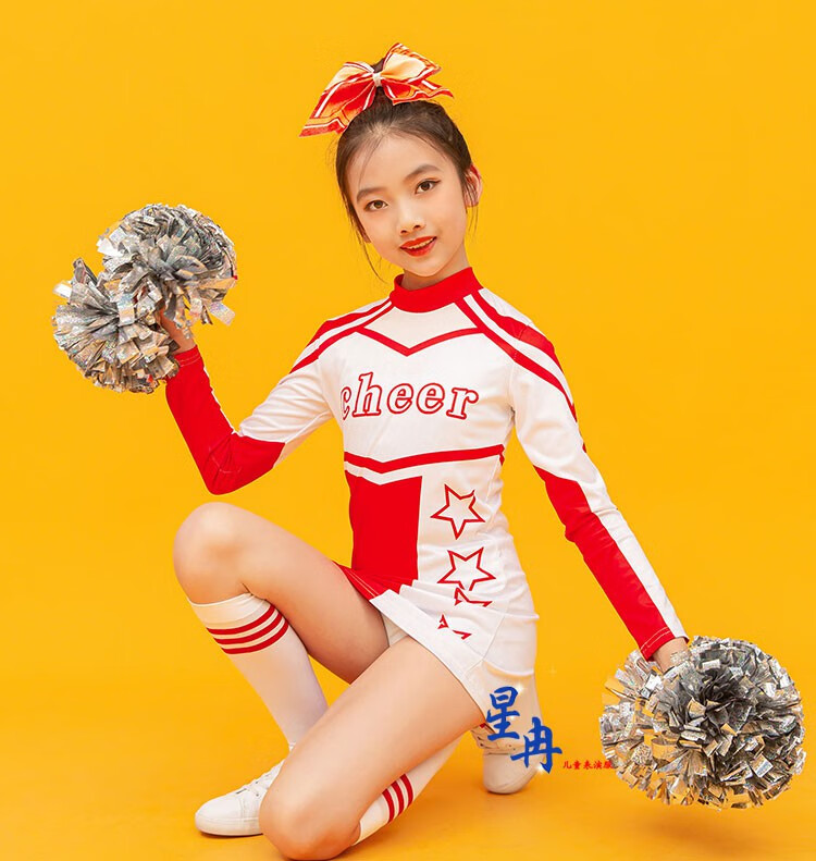 舒弗星新款啦啦队队服舞蹈服装儿童男女长啦啦操竞技会演出服成人红色