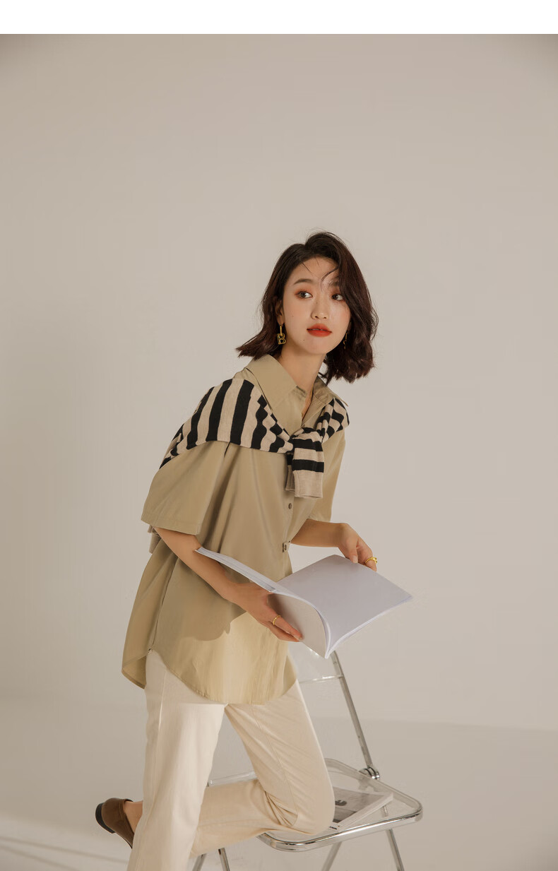 anneklein含棉衬衫女2021年夏季新款系带宽松短袖打底叠穿上衣 卡其色