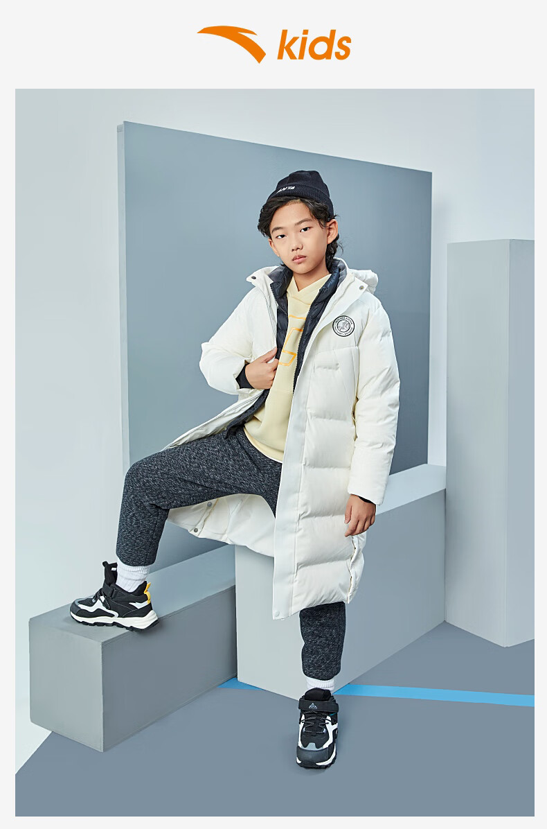 安踏儿童装中长羽绒服商场同款连帽保暖加厚上衣女童外套长款羽绒纸莎