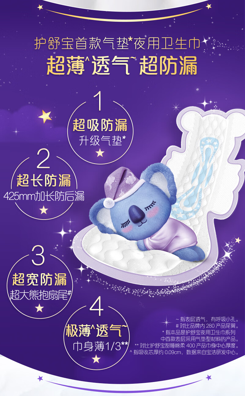 护舒宝考拉呼呼夜用425mm24片加长卫生巾大扇尾保护速吸表层3包套装