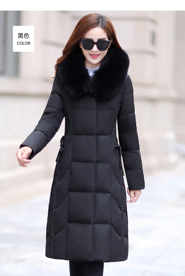 罗蒙狐狸毛领羽绒服女2020冬季新款纯色保暖防寒中长款连帽外套女