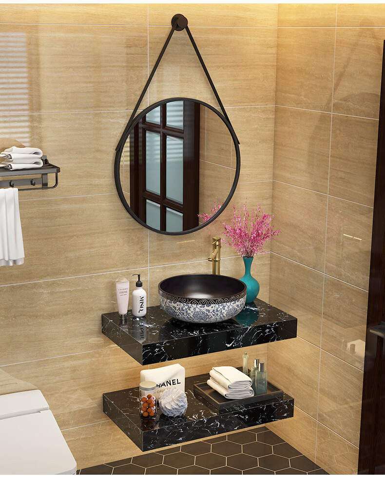 挂墙式洗手盆 主卧室厕所洗漱台盆 设计师设计轻奢梳洗台新中式简易