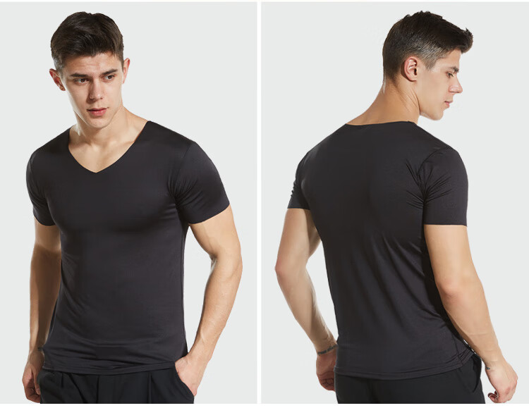 冰丝无痕短袖t恤男士v领修身夏季半袖男装青年运动体恤紧身打底衫