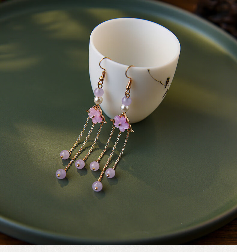 汉服耳饰古风无耳洞流苏长款小清新耳环花朵耳钩古装配饰紫色耳钩款