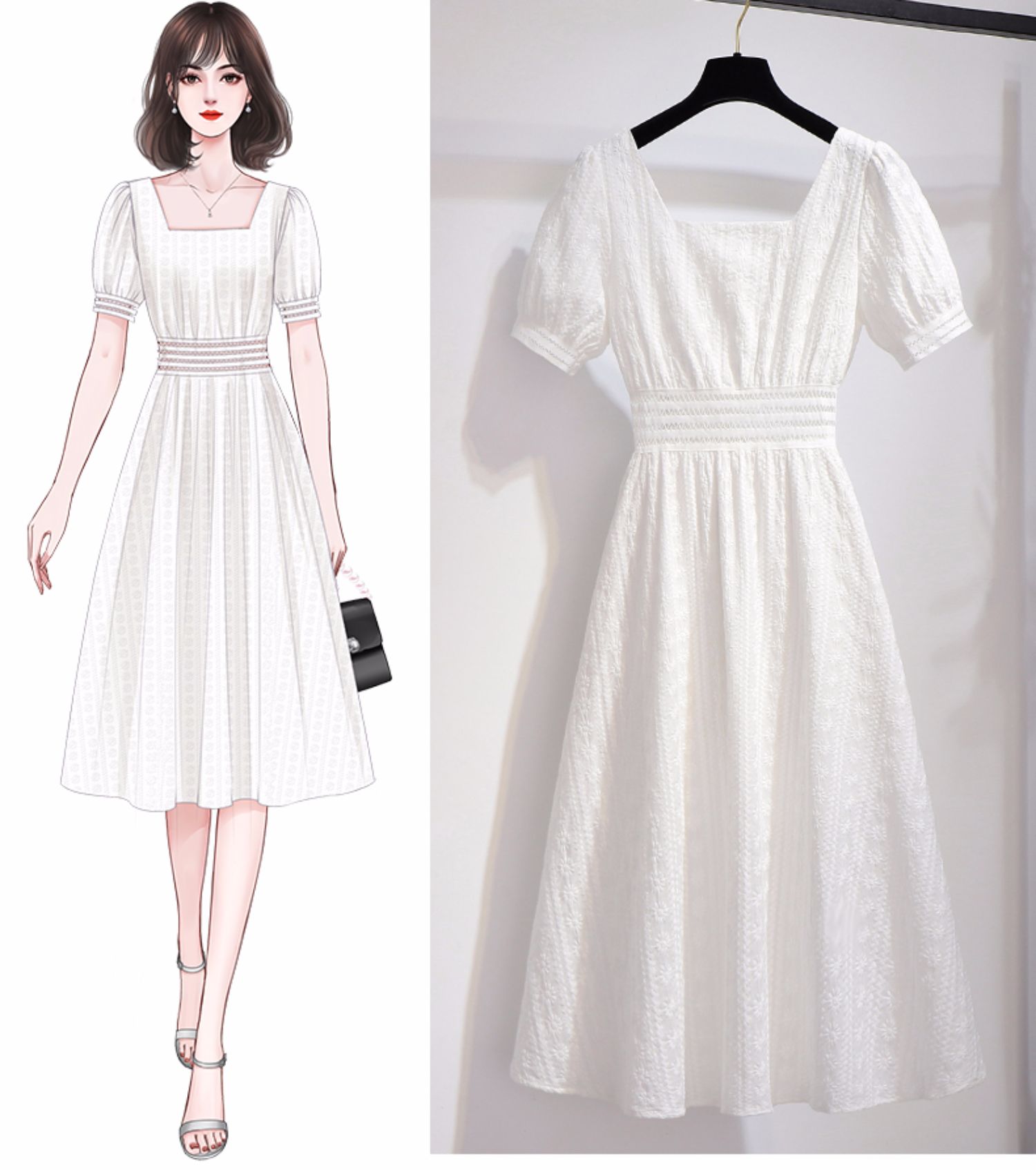 女夏季2021新款法式名媛气质显瘦仙气小个子设计感夏天方领中长款裙子